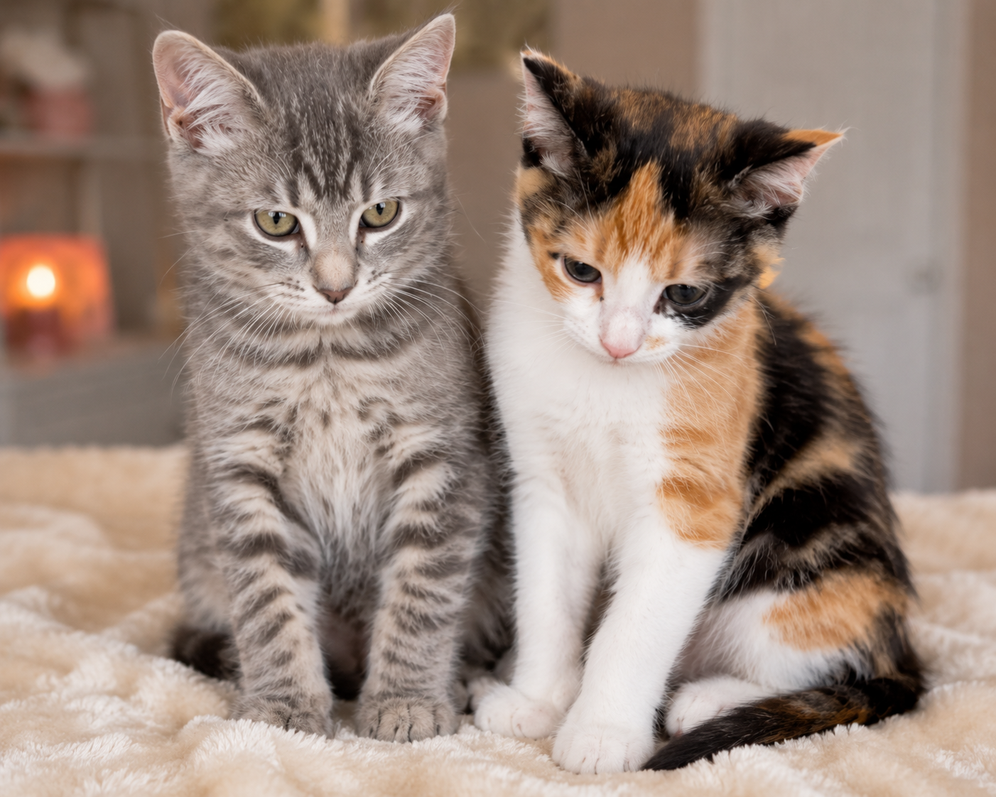Luna and Mochi sitting together on a soft blanket