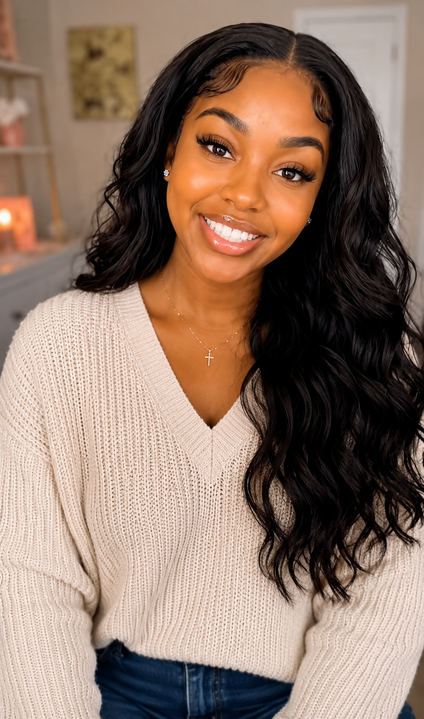 Rosey smiling in a cozy cream sweater