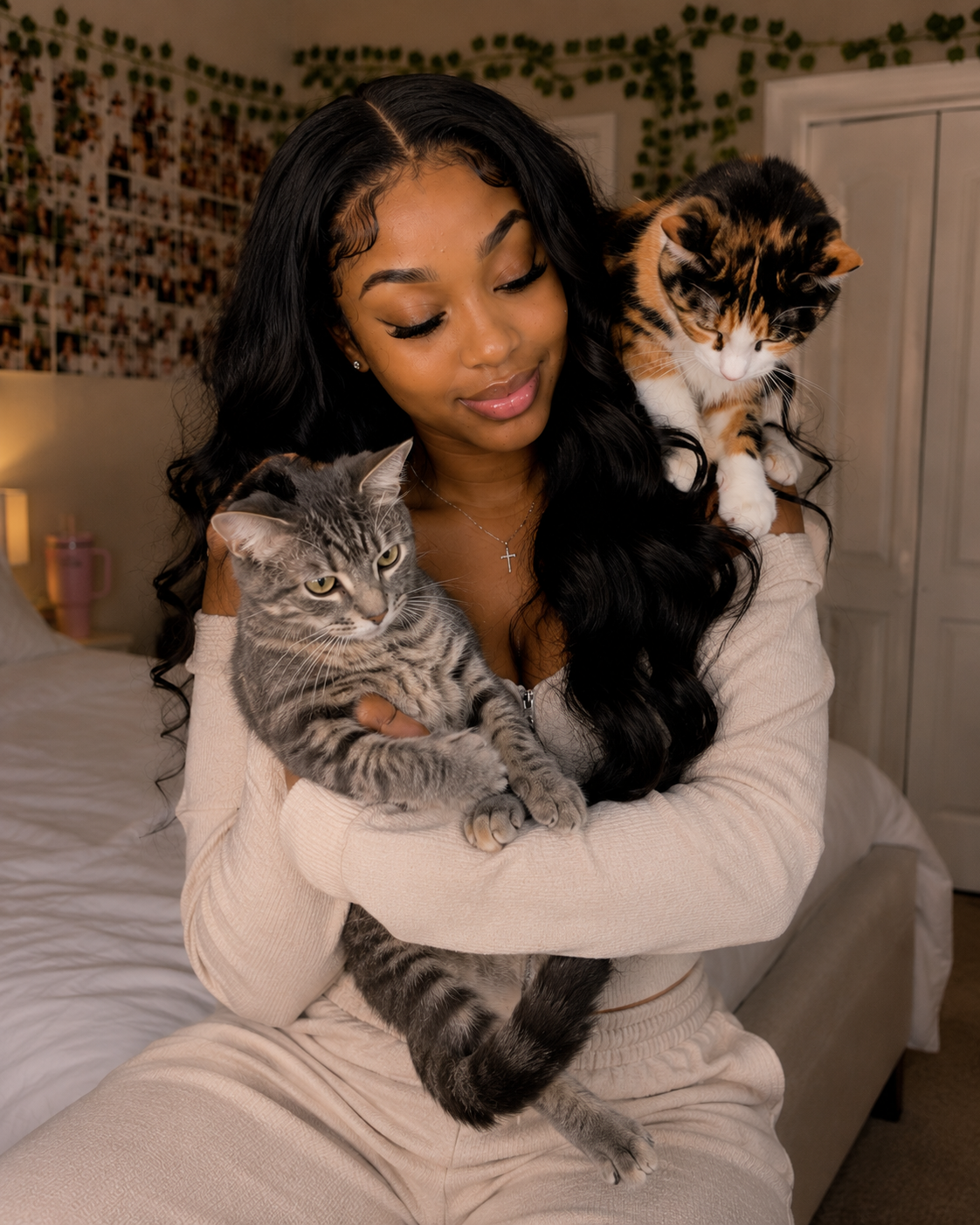 Rosey holding Luna and Mochi in a softly lit bedroom